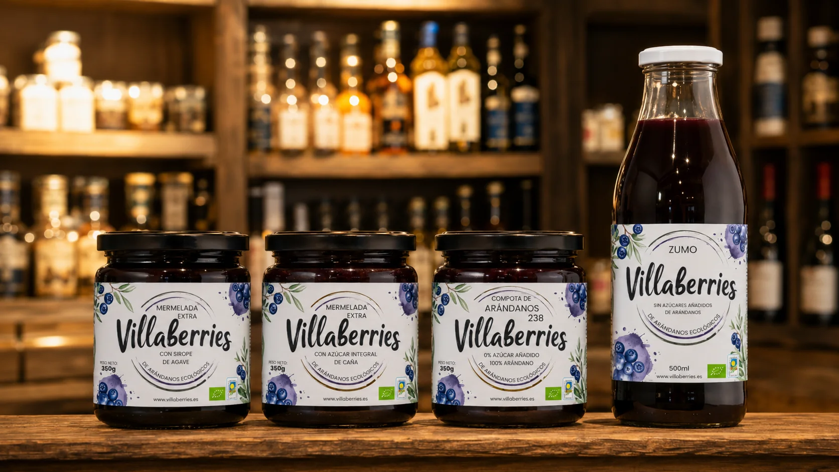 Gama de productos Villaberries: mermeladas, compota de arándanos y zumo ecológico